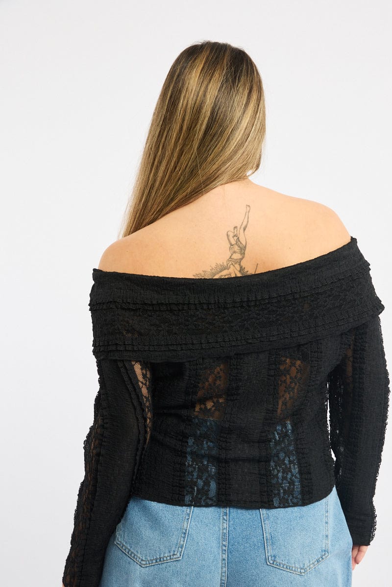Black Off Shoulder Lace Long Sleeve Top - Image 4