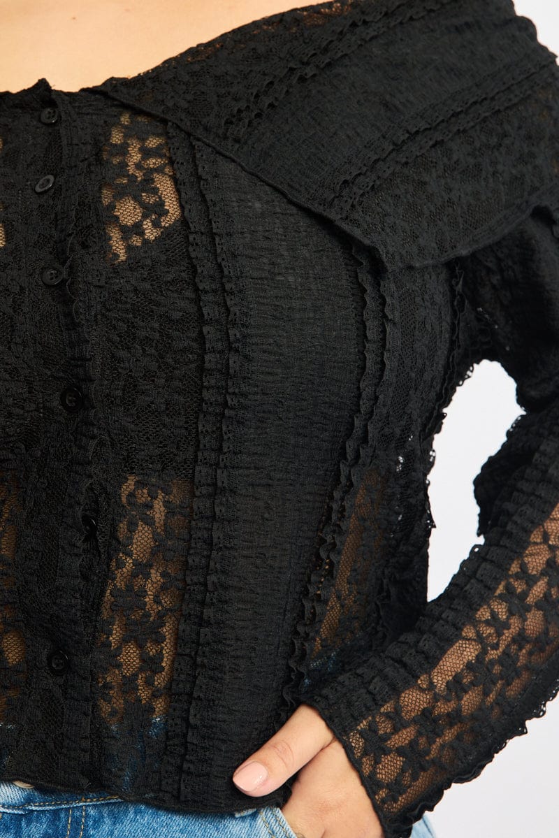 Black Off Shoulder Lace Long Sleeve Top - Image 5