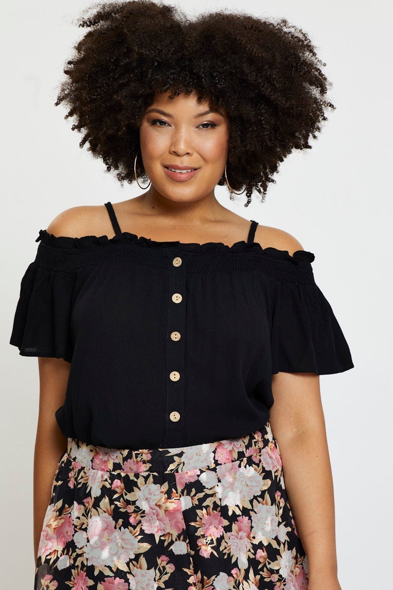 Black Off Shoulder Top Peach Short Sleeve Button Front - Image 3