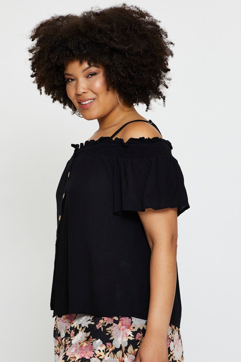 Black Off Shoulder Top Peach Short Sleeve Button Front - Image 4