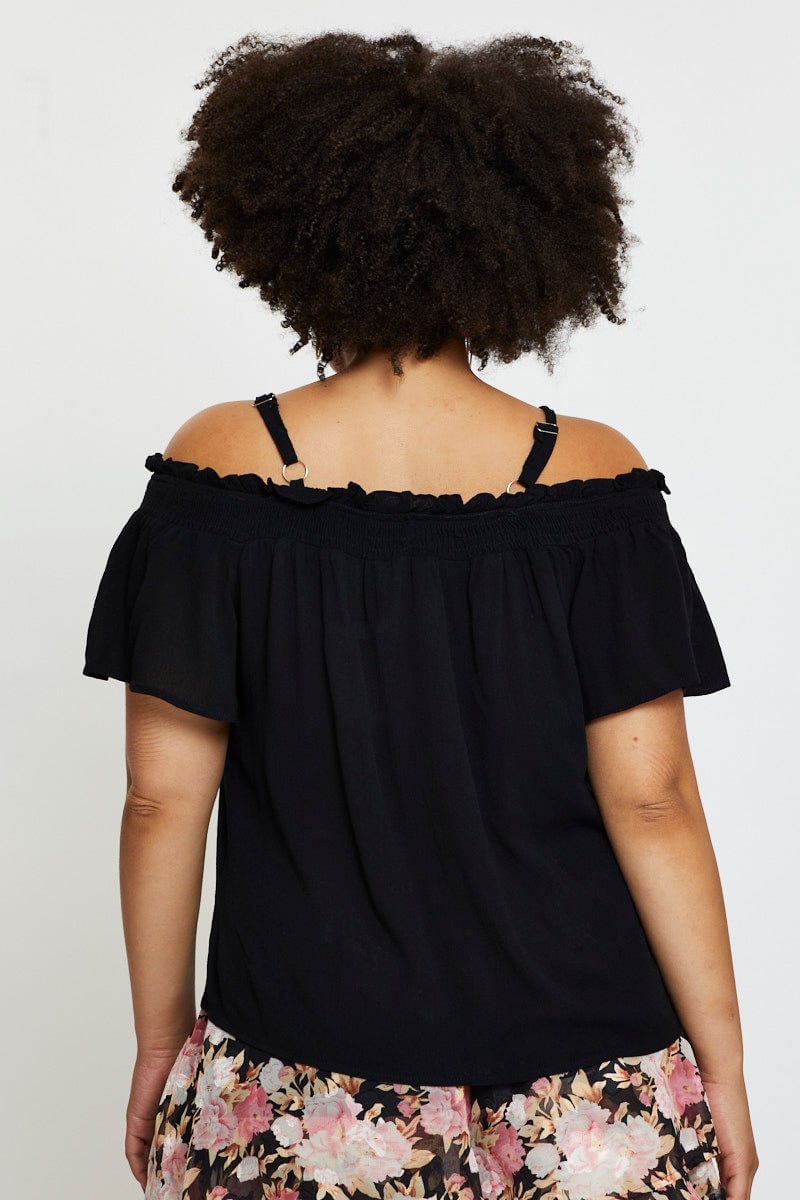 Black Off Shoulder Top Peach Short Sleeve Button Front - Image 5