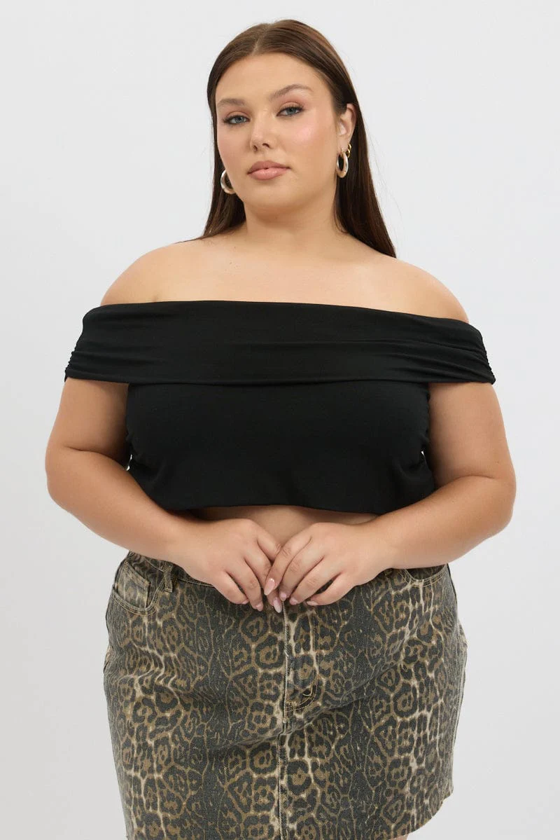 Black Off Shoulder Top Side Ruched - Image 2