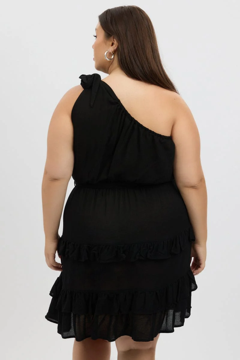 Black One Shoulder Frill And Bow Minidress - Image 5
