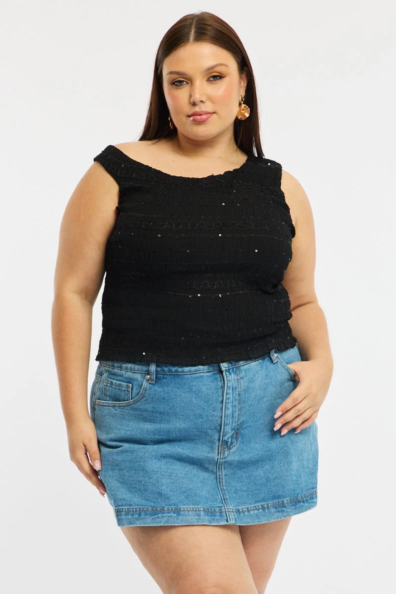 Black One Shoulder Ruffle Top