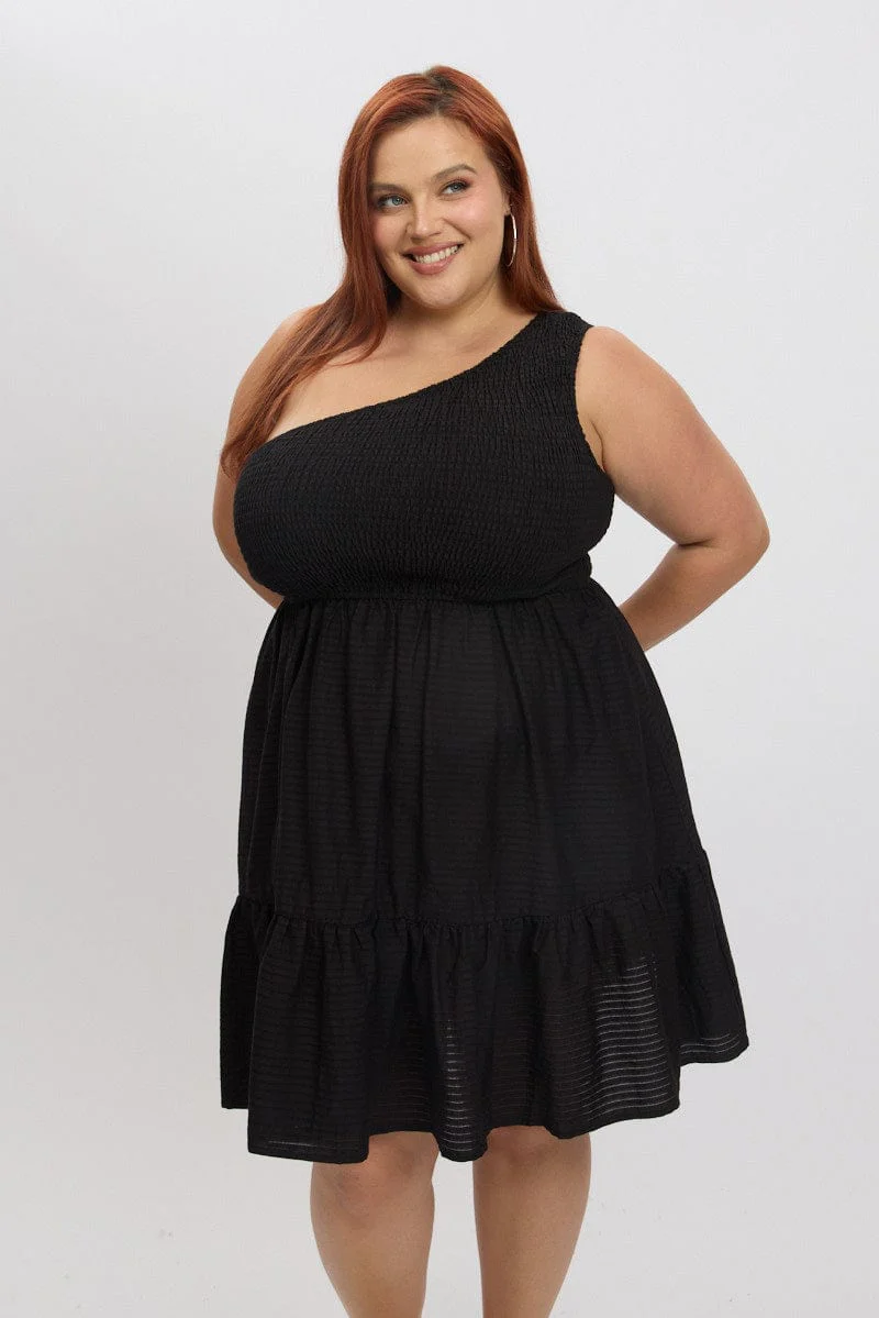 Black One Shoulder Textured Minidress - Image 3