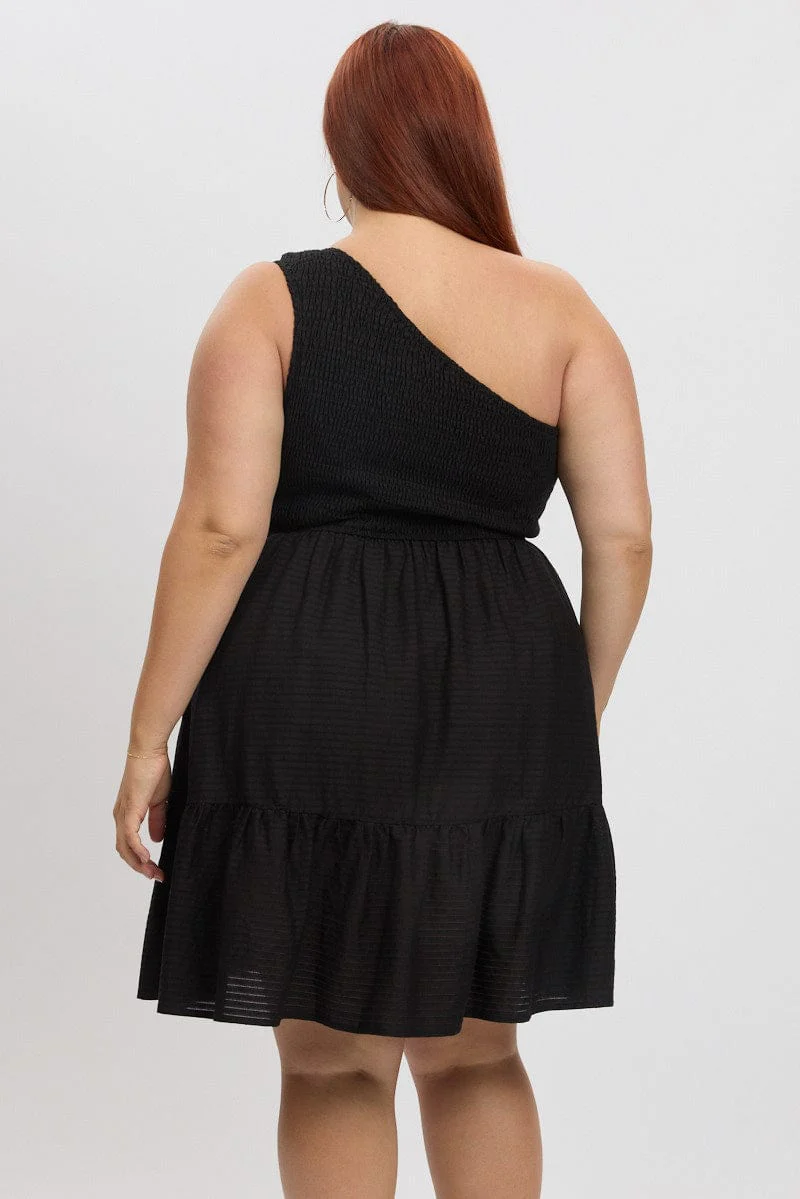 Black One Shoulder Textured Minidress - Image 5
