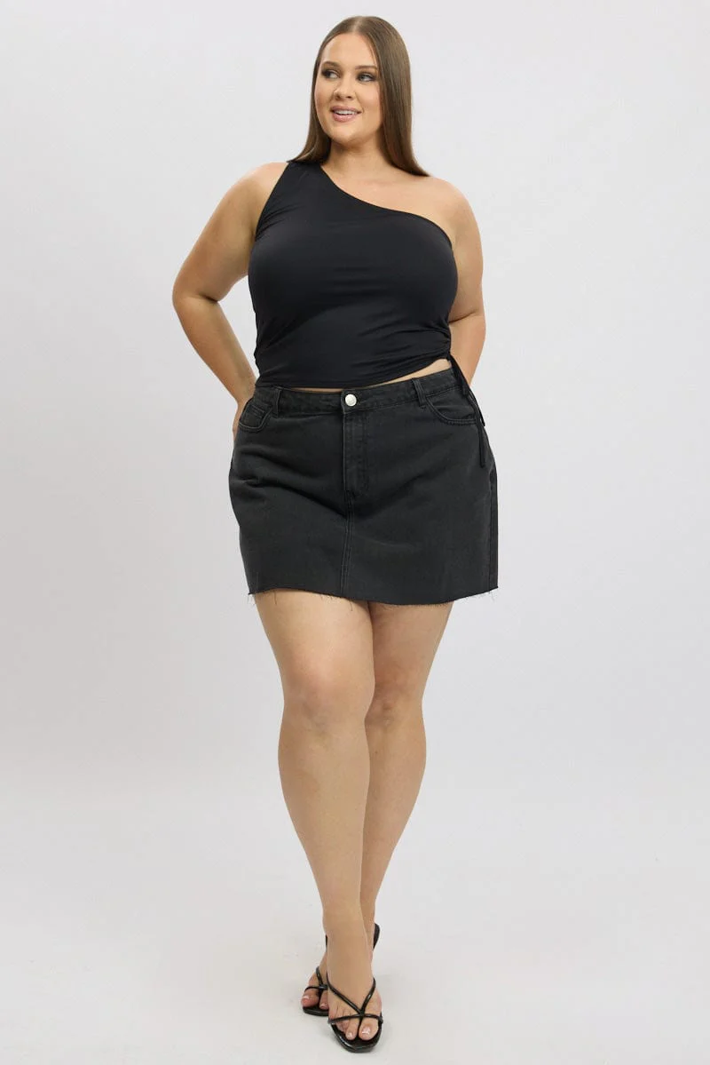 Black One Shoulder Top Ruched Side - Image 2