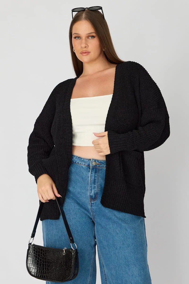 Black Oversized Cardigan Long Sleeve Chenille
