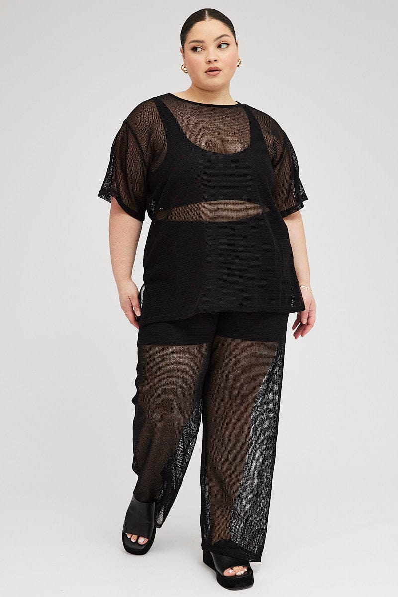 Black Oversized Knit Top Short Sleeve Crew Neck - Image 2