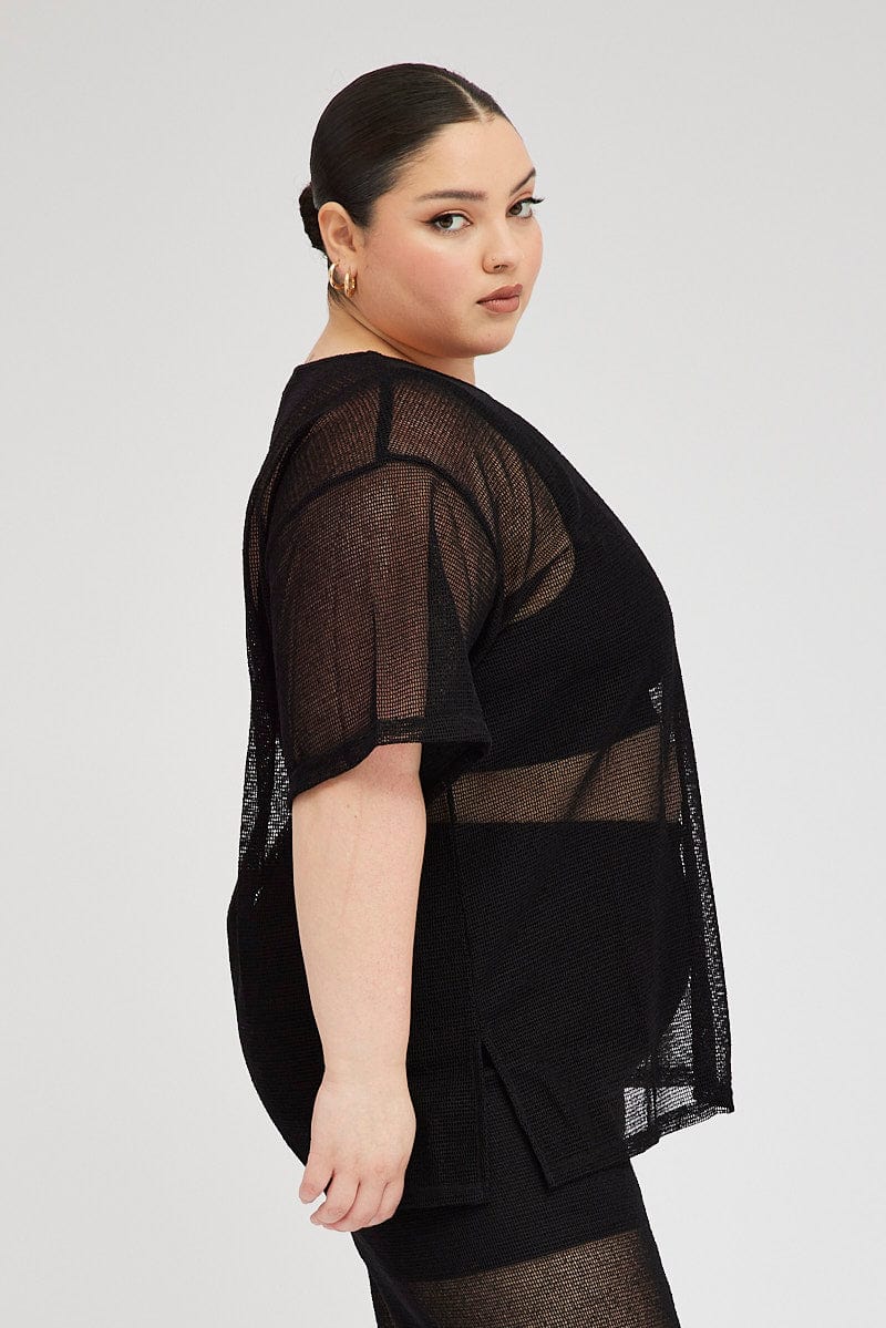 Black Oversized Knit Top Short Sleeve Crew Neck - Image 4