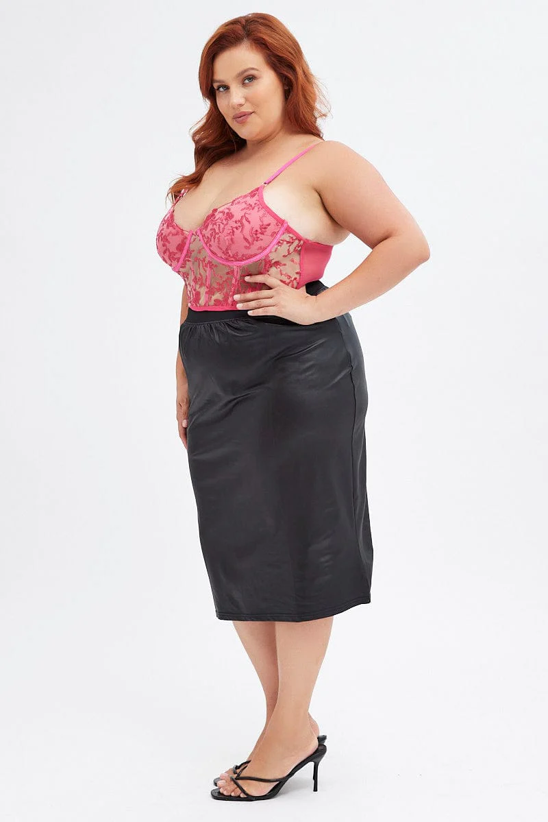 Black Pencil Skirt Knee Length Elastic Waist Wet Look - Image 4