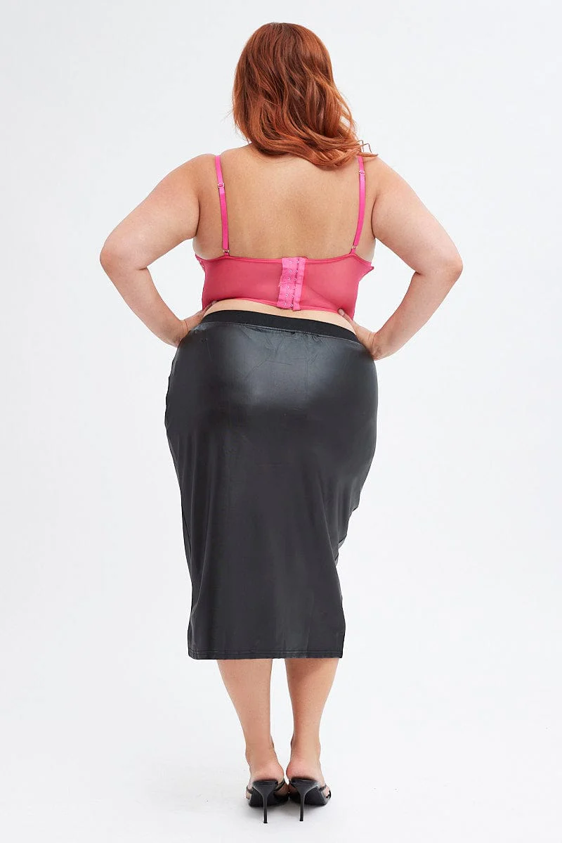 Black Pencil Skirt Knee Length Elastic Waist Wet Look - Image 5
