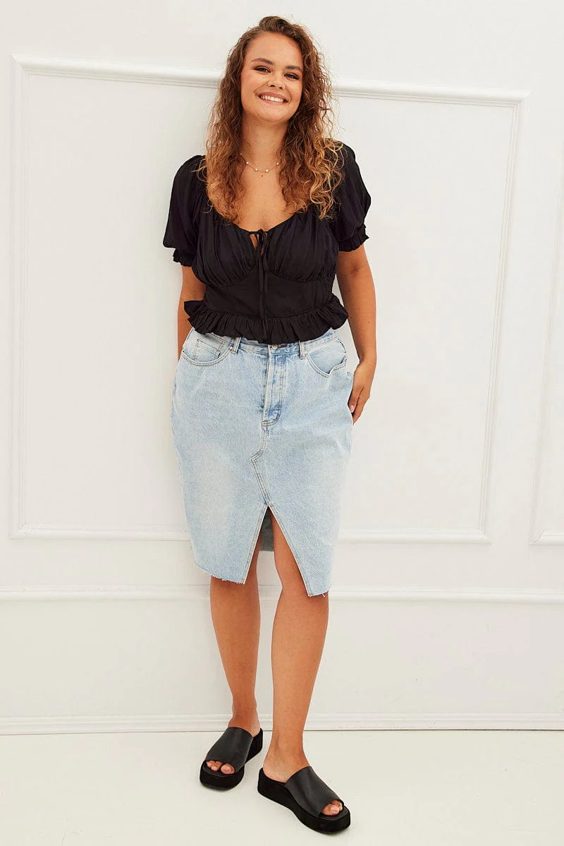 Black Peplum Top Short Sleeve Ruched Bust - Image 2