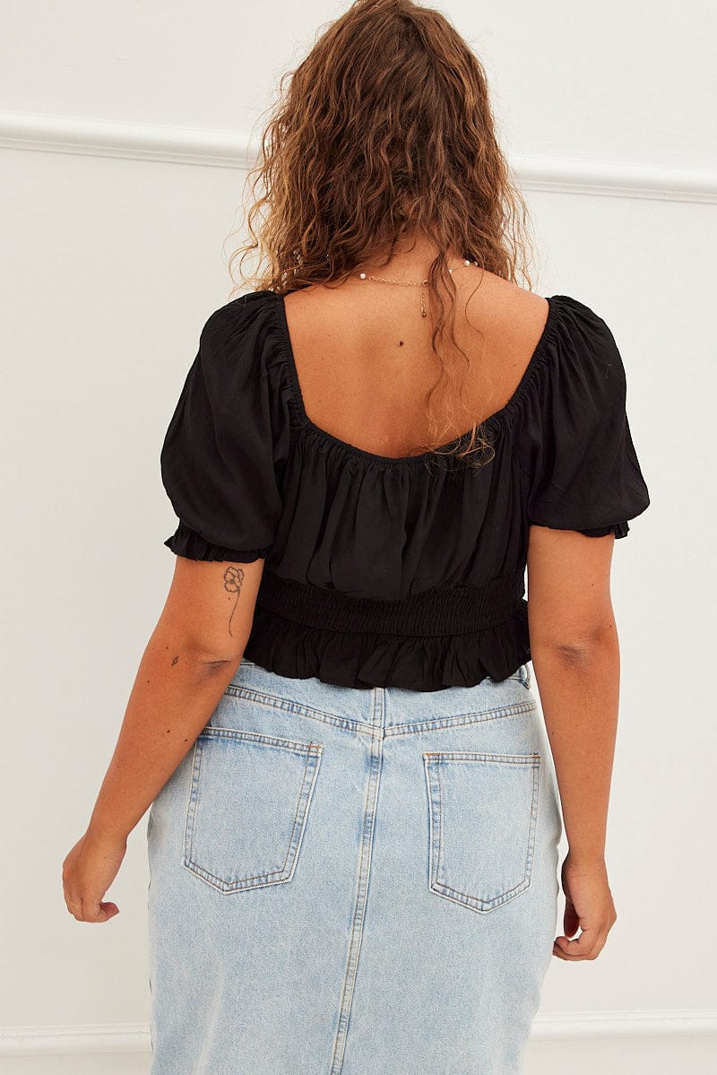 Black Peplum Top Short Sleeve Ruched Bust - Image 5