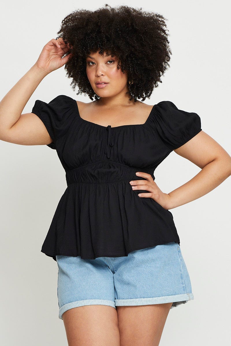 Black Peplum Top Short Sleeve Ruched