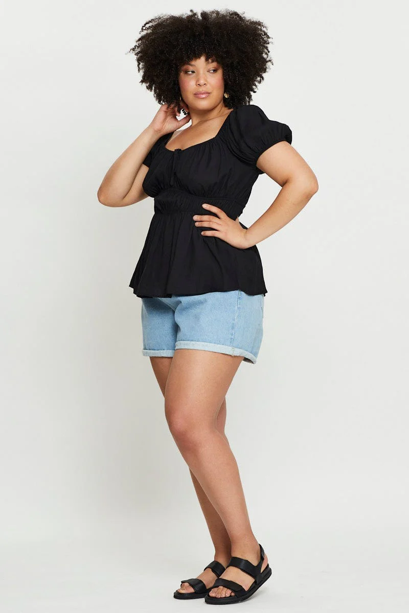 Black Peplum Top Short Sleeve Ruched - Image 2