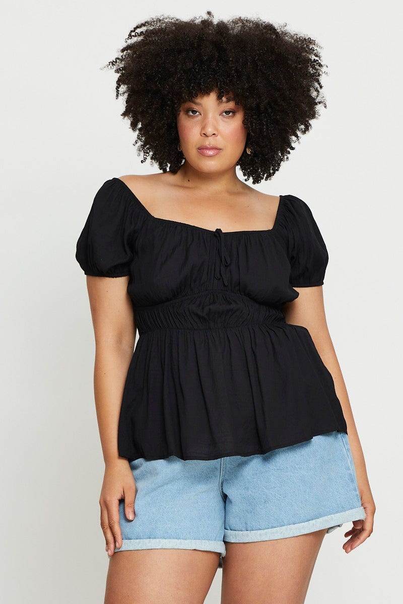 Black Peplum Top Short Sleeve Ruched - Image 3