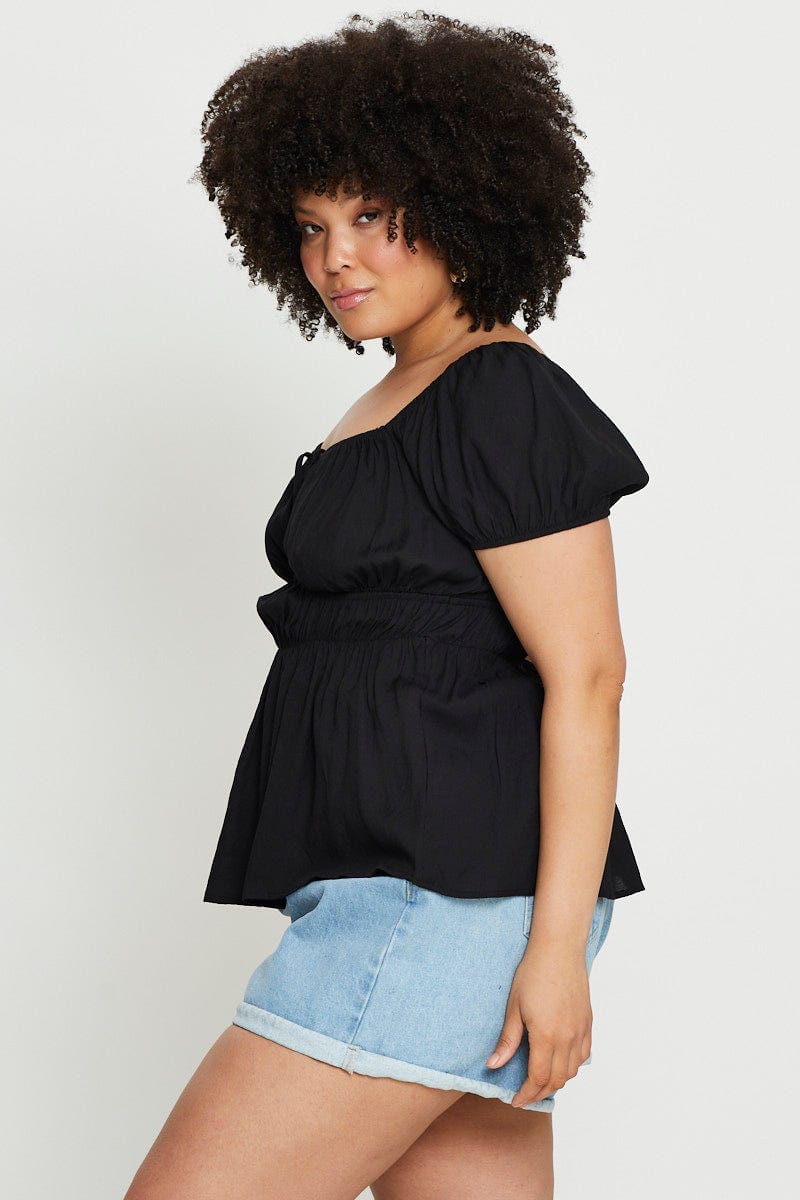 Black Peplum Top Short Sleeve Ruched - Image 4