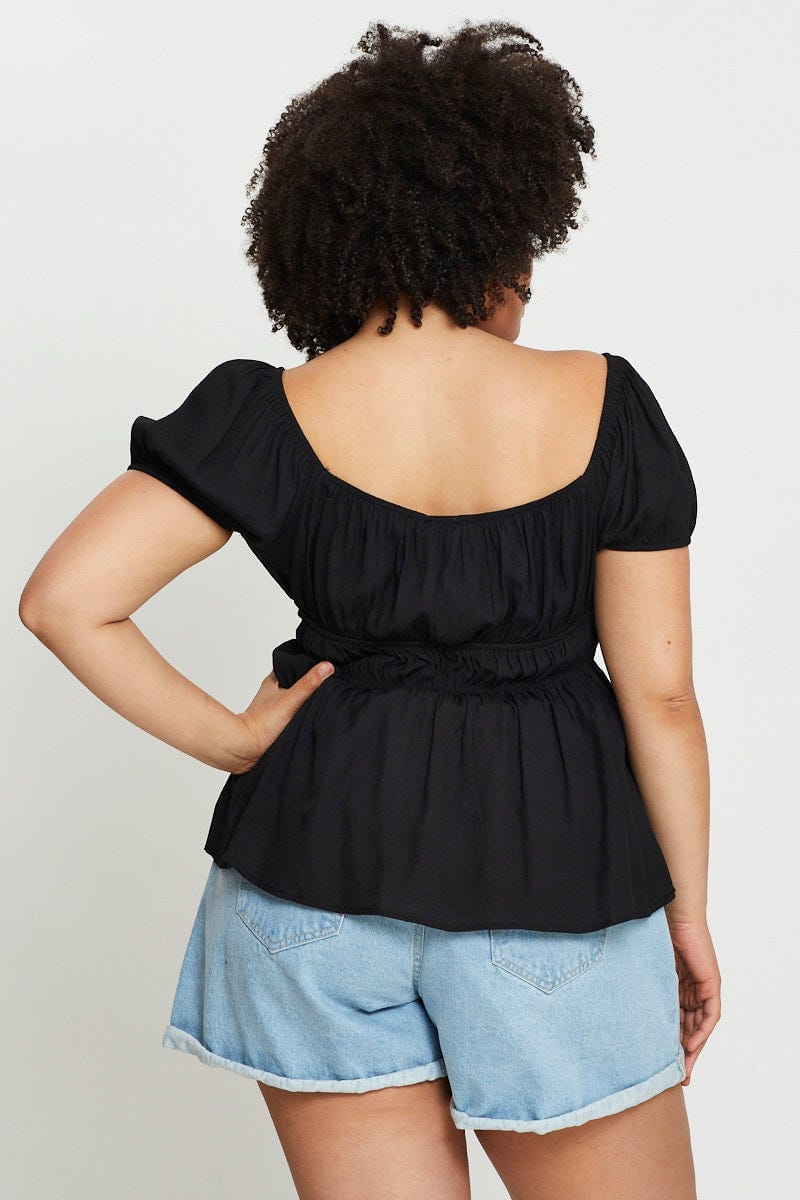 Black Peplum Top Short Sleeve Ruched - Image 5