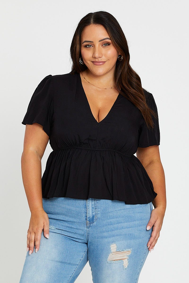 Black Peplum Top Short Sleeve Textured - Image 3