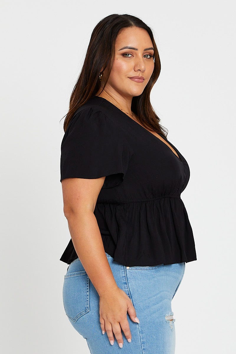 Black Peplum Top Short Sleeve Textured - Image 4