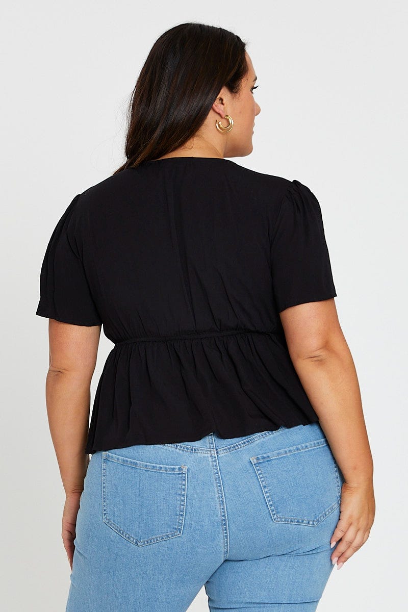 Black Peplum Top Short Sleeve Textured - Image 5