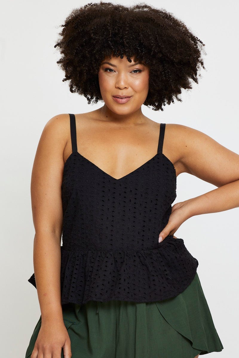 Black Peplum Top Sleeveless Broderie - Image 3