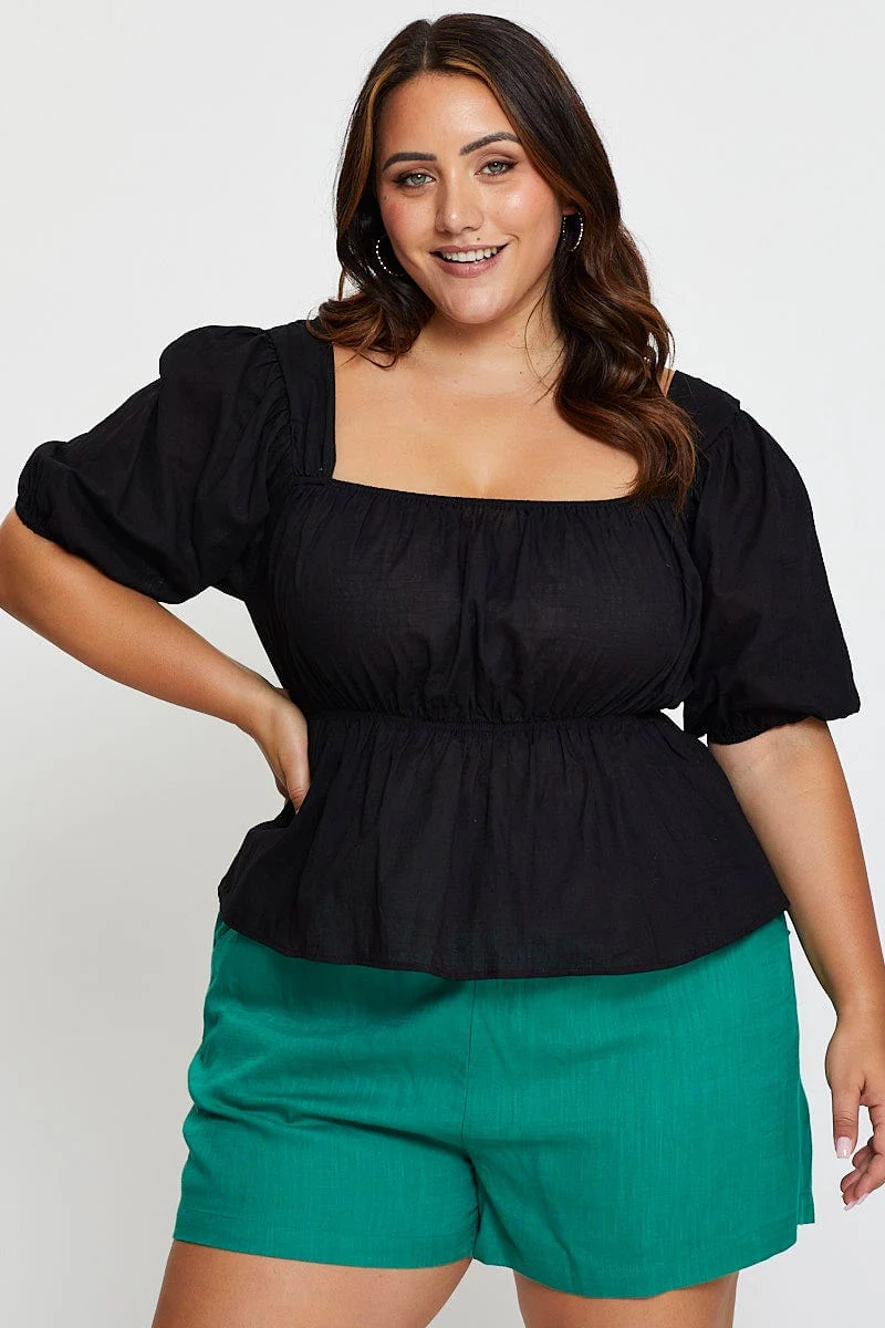 Black Peplum Top Square Neck Short Sleeve - Image 3