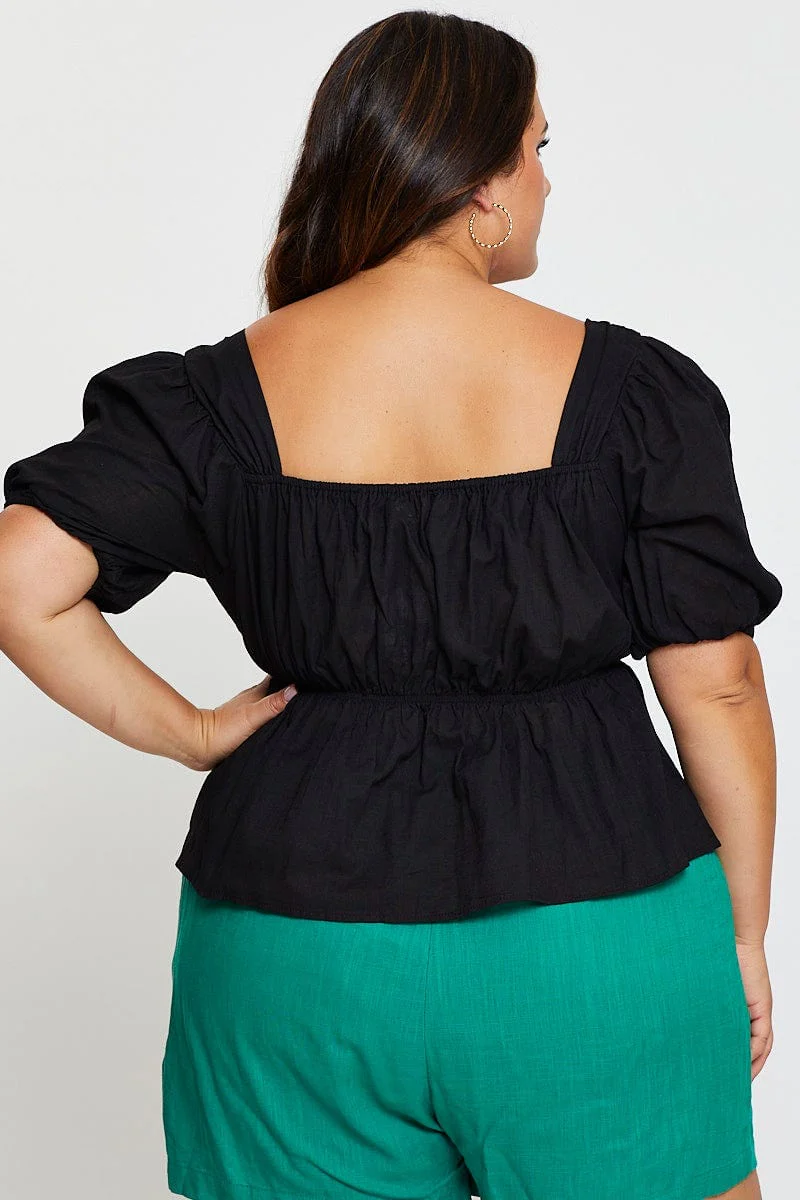Black Peplum Top Square Neck Short Sleeve - Image 5
