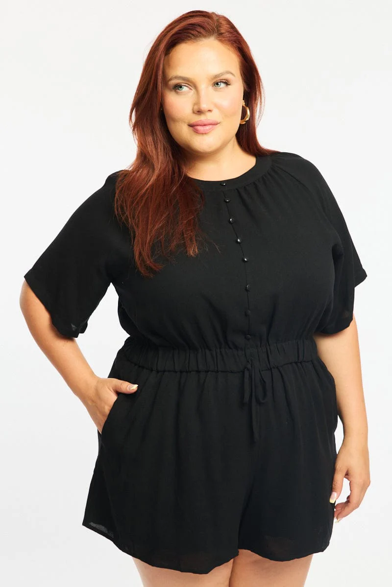 Black Playsuit Short Sleeve Button Front Textured