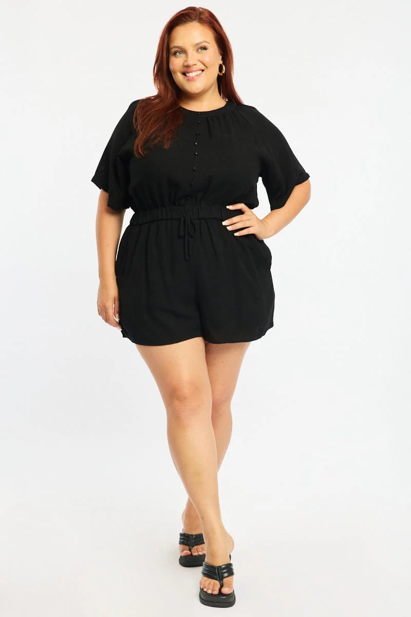 Black Playsuit Short Sleeve Button Front Textured - Image 2