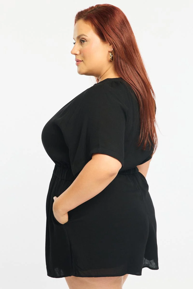 Black Playsuit Short Sleeve Button Front Textured - Image 3