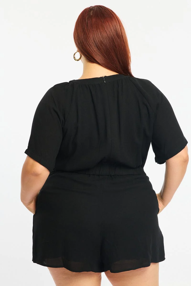 Black Playsuit Short Sleeve Button Front Textured - Image 4