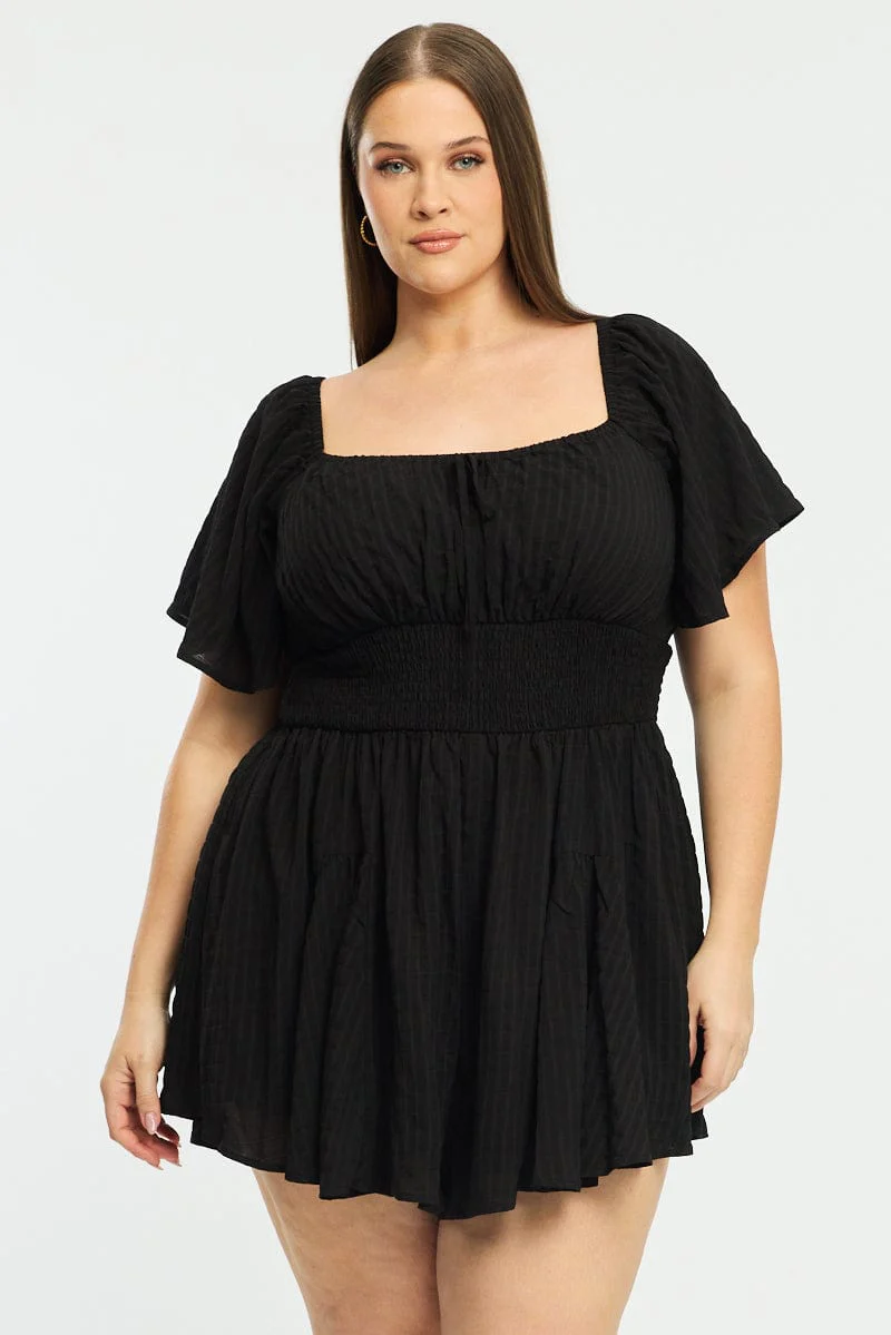 Black Playsuit Short Sleeve Textured