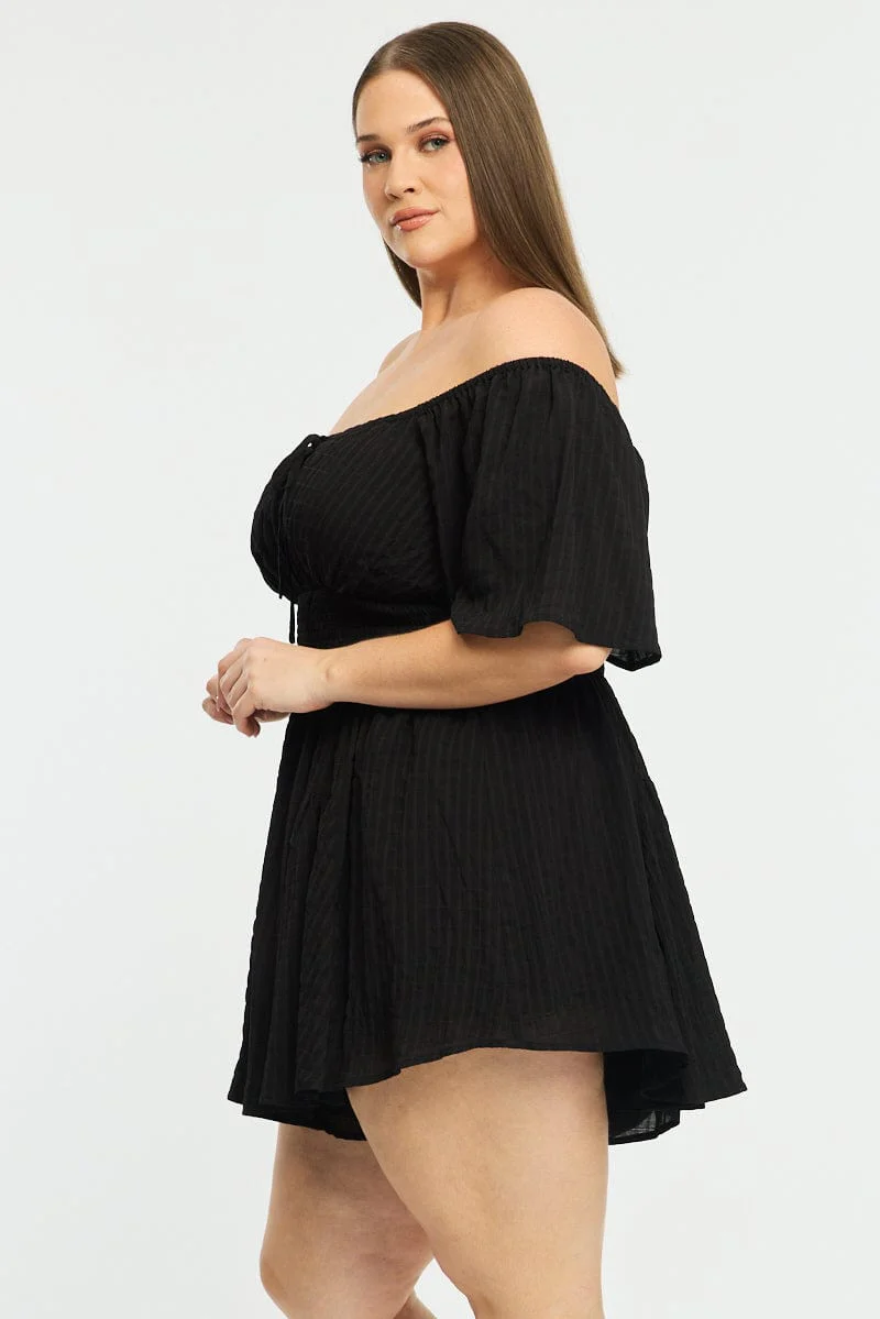 Black Playsuit Short Sleeve Textured - Image 3