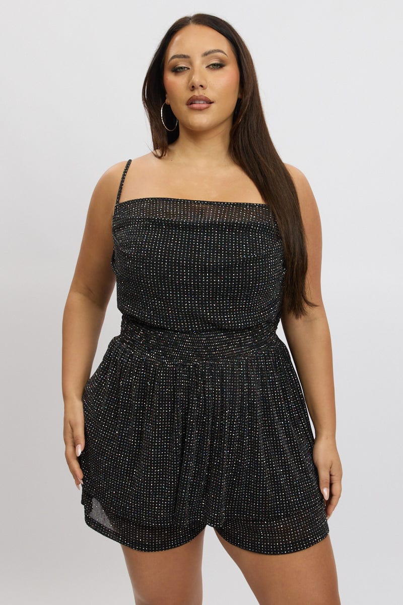 Black Playsuit Sleeveless Cowl Neck Metallic - Image 3