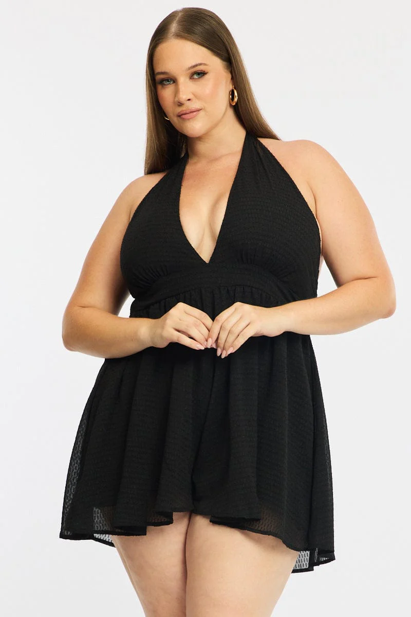 Black Playsuit Sleeveless Halter Neck Textured