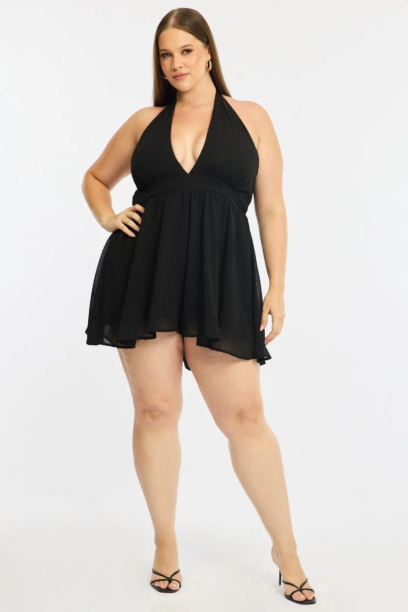 Black Playsuit Sleeveless Halter Neck Textured - Image 2