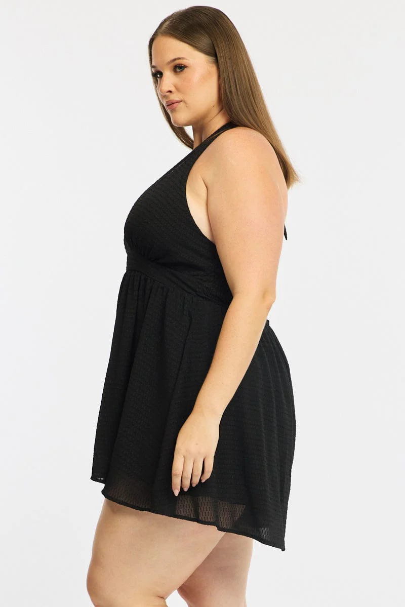 Black Playsuit Sleeveless Halter Neck Textured - Image 3