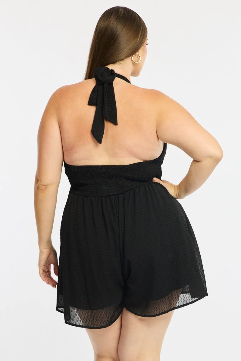 Black Playsuit Sleeveless Halter Neck Textured - Image 4