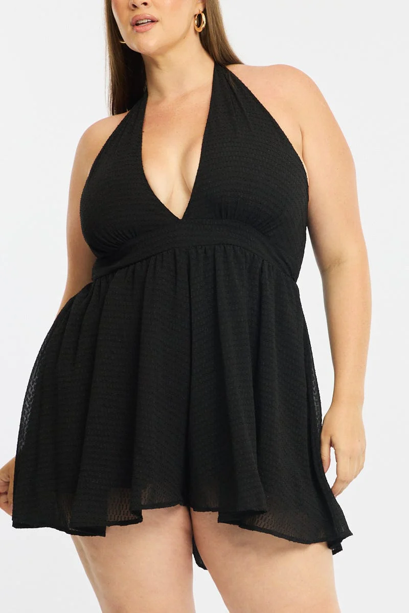 Black Playsuit Sleeveless Halter Neck Textured - Image 5