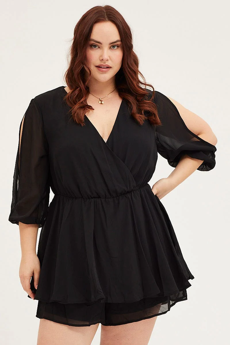 Black Playsuit Three-quarter Sleeve Waist Tie