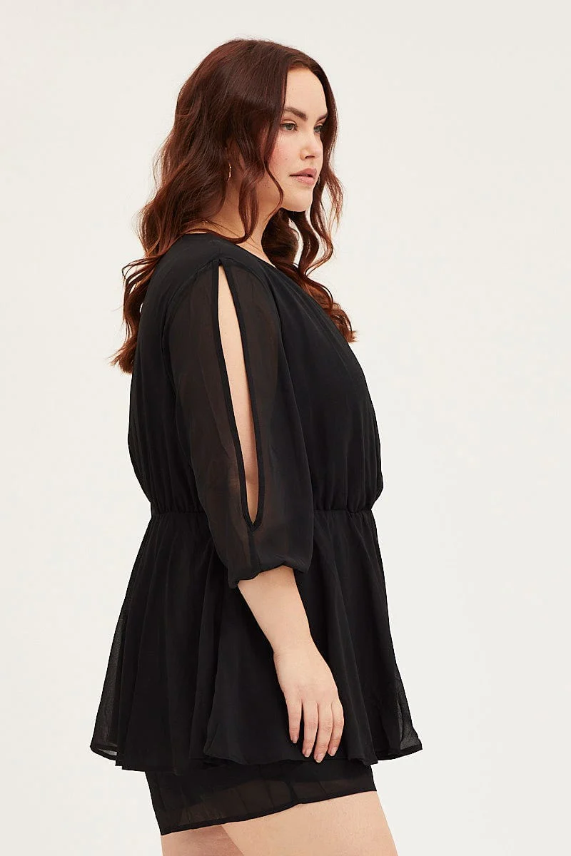Black Playsuit Three-quarter Sleeve Waist Tie - Image 4
