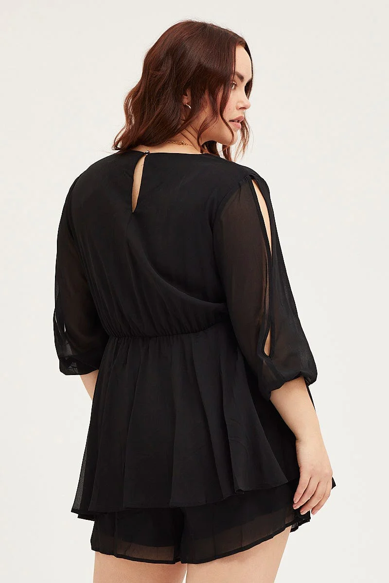 Black Playsuit Three-quarter Sleeve Waist Tie - Image 5