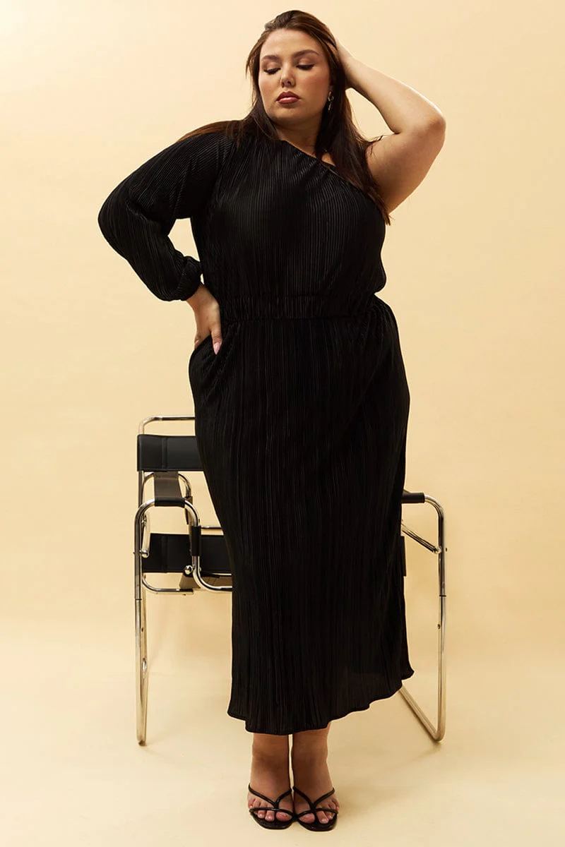 Black Plisse Pleat One Sleeve Dress