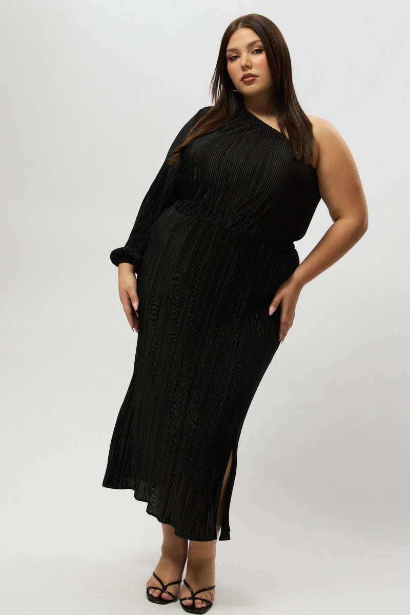 Black Plisse Pleat One Sleeve Dress - Image 2
