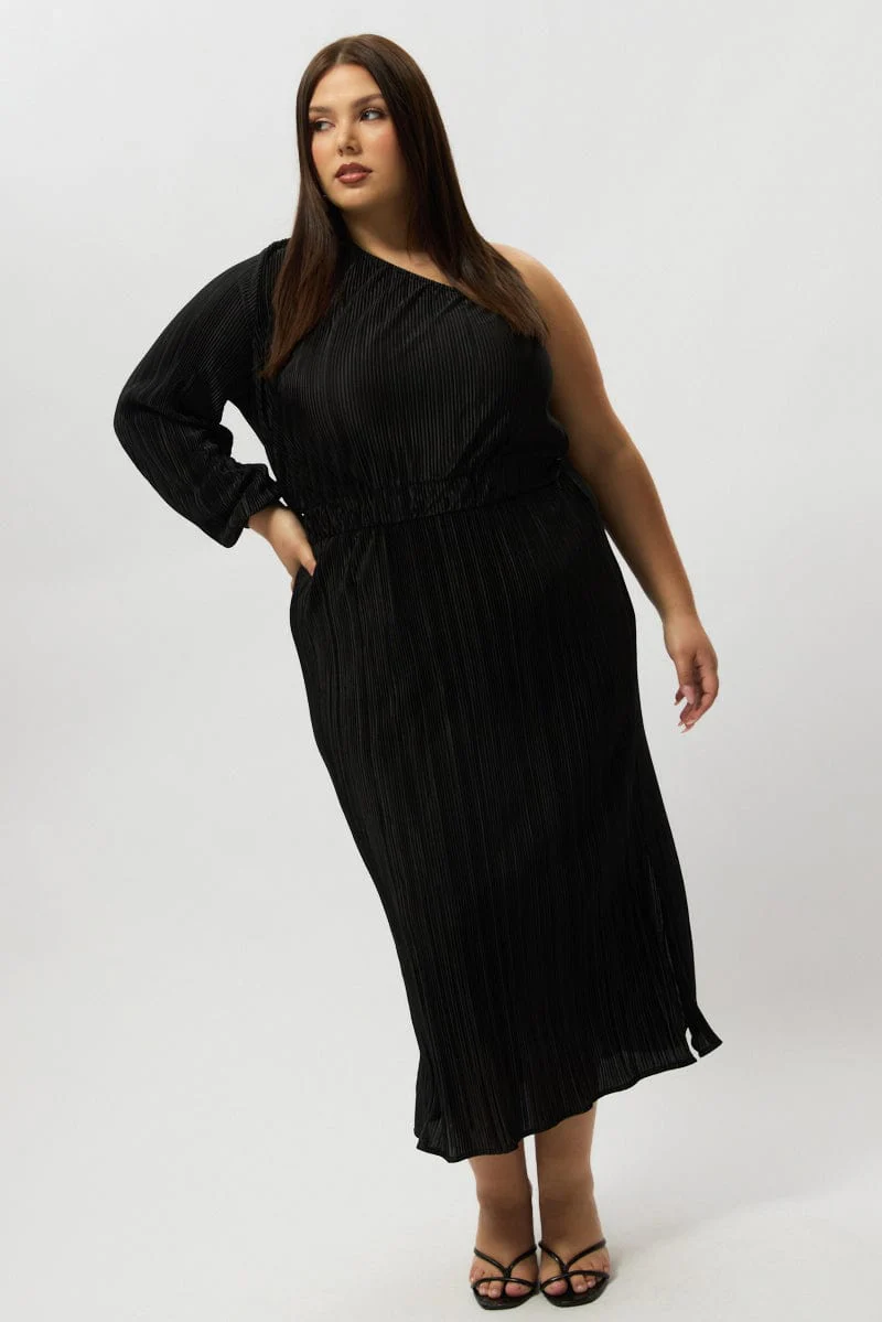 Black Plisse Pleat One Sleeve Dress - Image 3