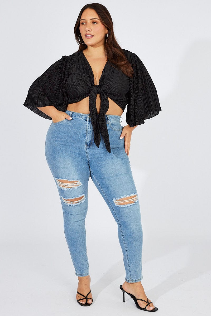 Black Plisse Satin Flare Sleeve Tie Bolero Top - Image 2