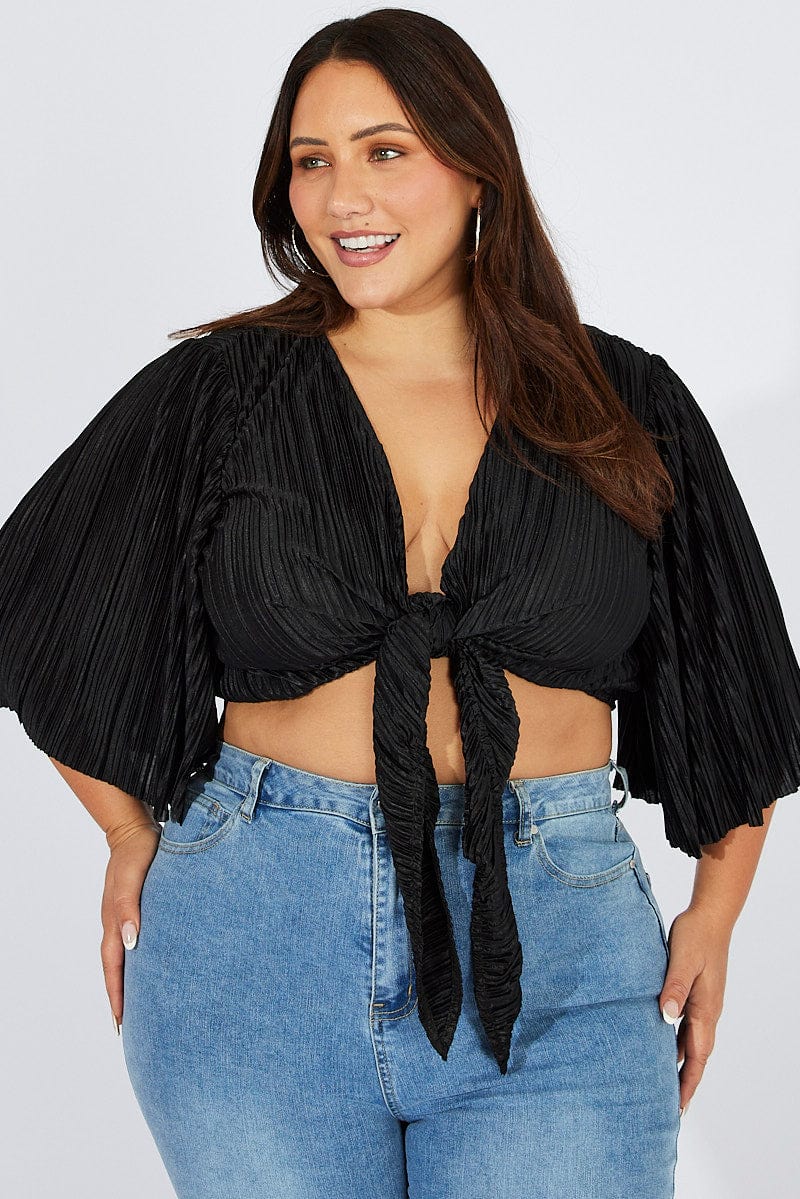 Black Plisse Satin Flare Sleeve Tie Bolero Top - Image 3