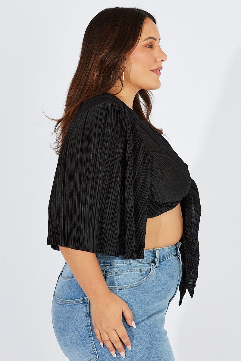 Black Plisse Satin Flare Sleeve Tie Bolero Top - Image 4